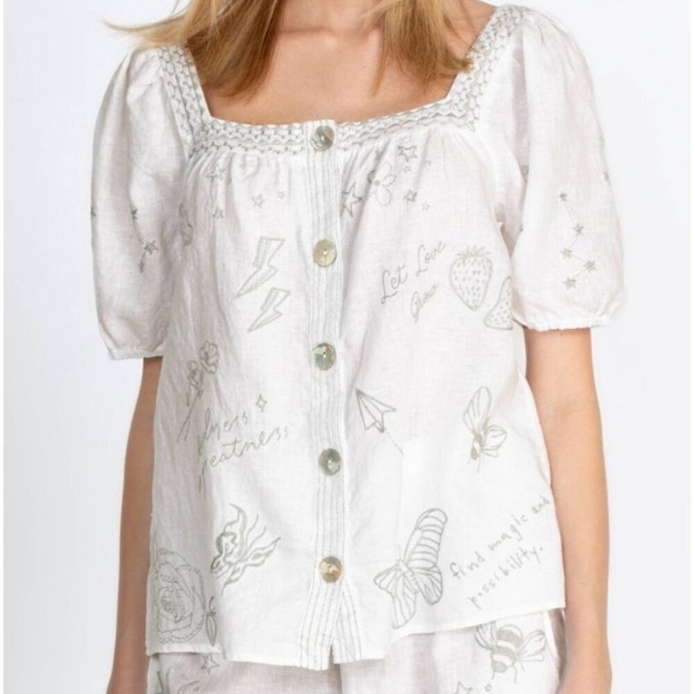 Johnny Was Short Sleeve Embroidered Square Neck Sovanna Wander Top White Gray S